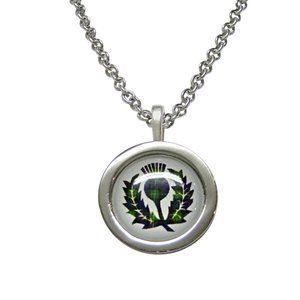 Circular Green Scottish Thistle Pendant Necklace